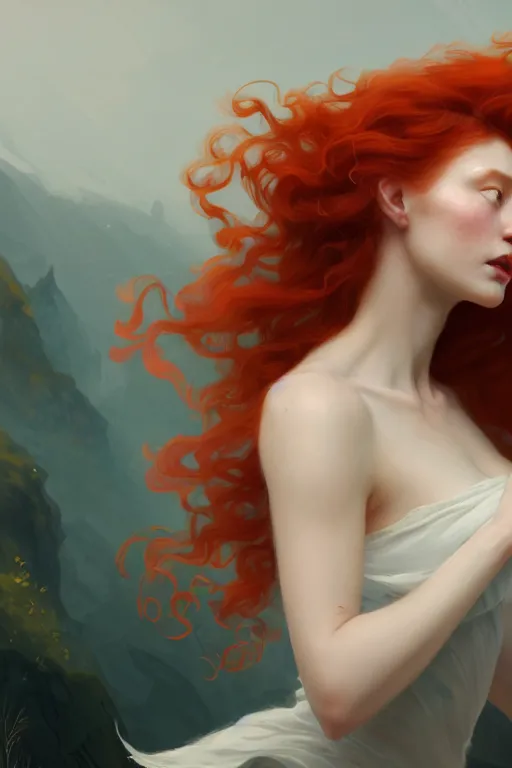 Image similar to portrait of a beautiful nordic woman, curly red hair, wearing a white dress, extremely detailed digital painting, in the style of fenghua zhong and ruan jia and jeremy lipking and peter mohrbacher, mystical colors, rim light, beautiful lighting, 8 k, stunning scene, raytracing, octane, trending on artstation