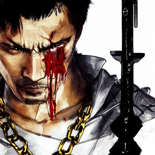 Image similar to portrait of a hero holding his sword in front of his face by yoji shinkawa, high quality, extra details, realism, ornate, colored, golden chain, blood, white skin, short hair, brown eyes, vivid, sunlight, dynamic, american man, freedom