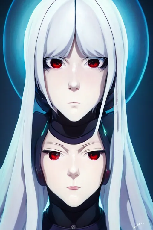 Image similar to portrait Anime cyborg girl in nun clothes, holy church Warhammer 40000, cute-fine-face, white-hair pretty face, realistic shaded Perfect face, fine details. Anime. realistic shaded lighting by Ilya Kuvshinov katsuhiro otomo ghost-in-the-shell, magali villeneuve, artgerm, rutkowski, WLOP Jeremy Lipkin and Giuseppe Dangelico Pino and Michael Garmash and Rob Rey