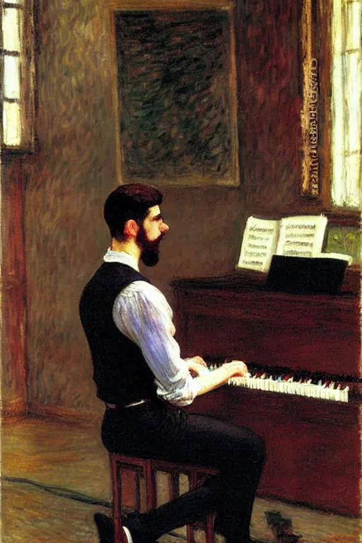 Prompt: attractive man playing piano, painting by tom of finland, john william waterhouse, claude monet