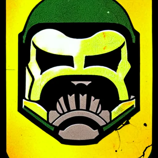 Prompt: portrait of a mutant chronicles bauhaus doomtrooper, wearing green battle armor, a yellow smiley sticker centered on helmet, by mark brooks
