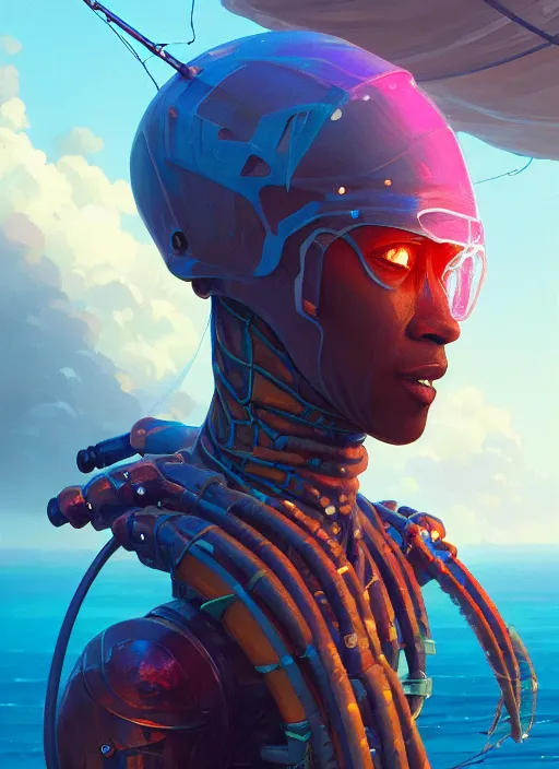 Prompt: portrait of a jamaican fisherman sci - fi glowing fishing armor muscular cyberpunk intricate elegant highly detailed digital painting artstation concept art, ocean fish background, greg rutkowski, loish, rhads, ferdinand knab, makoto shinkai and lois van baarle, ilya kuvshinov, rossdraws, tom bagshaw