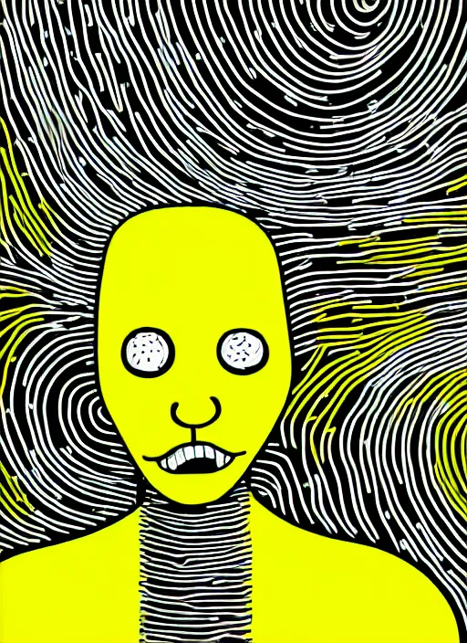 Prompt: highly detailed closeup portrait of wasteland long glowing yellow and white plasma hair cute happy tribal lady, stray electric spark wiring by jean jullien, 4 k resolution, gradient yellow, black and white color scheme!!! ( ( dystopian city background ) )