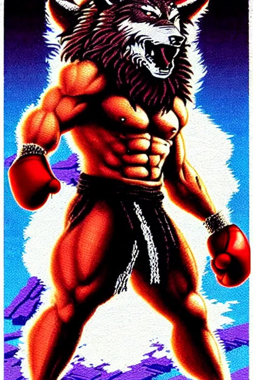 Image similar to extreme long shot. 8 bit nes graphics. antropomorphic muscular masculine wolf. kickboxer fighter, in shorts. wolf head. angry. fine details, very sharp, art from nes game cartridge, 8 0's, vhs artefacts, vaporwave style, marc simonetti and hermann nitsch and anish kapoor.