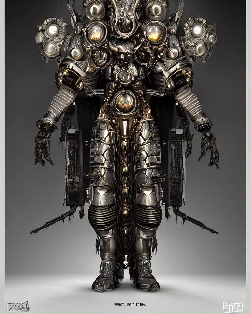 Prompt: a highly detailed matte painting portrait of a mechanical demon priest wearing a massive ornate headdress made of realistic metal and sci fi armor, art deco, cinematic lighting, smooth, dark sci fi, unreal engine, octane render, by blizzard studios, golden rule, rule of thirds, fibonacci sequence, fog volumes, cgsociety