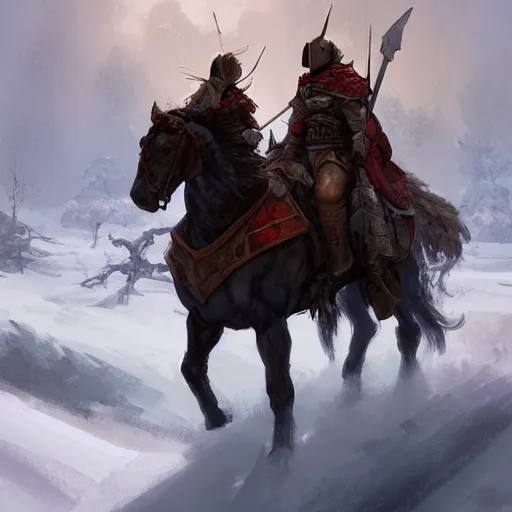 Image similar to Two knights on horseback seen from afar riding in the snow, snowy landscape, snow storm, fantasy, highly detailed, digital painting, artstation, concept art, illustration, art by Bayard Wu and Marc Simonetti and Diego Gisbert Llorens