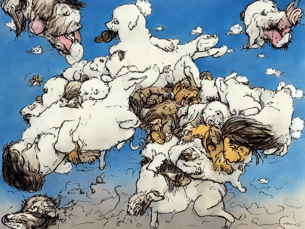 Image similar to a dream of clouds eating puppies, ralph steadman style