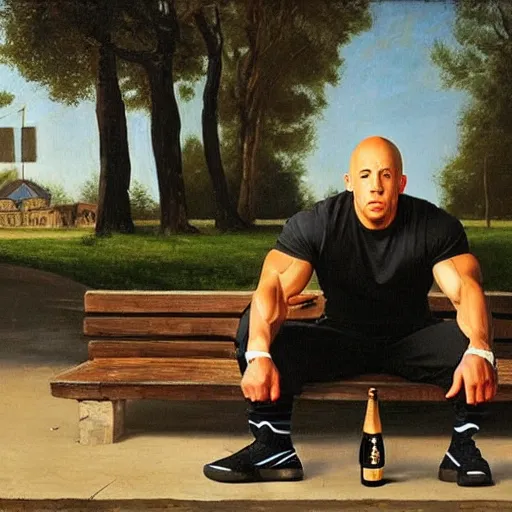 Prompt: vin diesel in black adidas sport costume, as gopnik character, on a bench with a bottle of beer in the courtyard of a provincial russian town, oil on canvas, naturalism