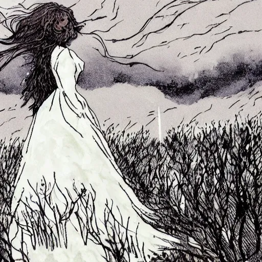 Image similar to The illustration depicts a woman standing in a field of ashes, her dress billowing in the wind. Her hair is wild and her eyes are closed, and she seems to be in a trance-like state. The illustration is dark and atmospheric, and the ashes in the field seem to be almost alive, swirling around. by Charles Vess hyperdetailed