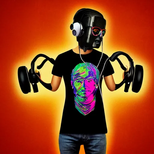 Image similar to mockup of a black tshirt with a hyperdetailed portrait of a steampunk robot with headphones on lsd, 8 k, symetrical, flourescent colors, trippy mood, multicolored,