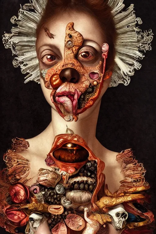 Image similar to Detailed maximalist portrait with large lips and with large wide eyes, surprised expression, extra flesh and eyes, HD mixed media, 3D collage, highly detailed and intricate, surreal illustration in the style of Caravaggio, dark art, baroque