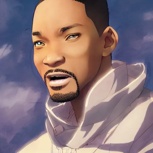 Prompt: will smith anime style, artwork by cushart, krenz, studio ghibli, tomino, yoshiyuki,