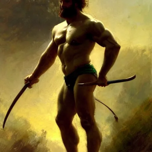 Image similar to young warrior marching, male, muscular, green eyes!!!!, straight nose!!!!!, beard, detailed face, thighs!!!!! gorgeous, amazing, muscular, intricate, highly detailed, painting by Gaston Bussiere, Craig Mullins