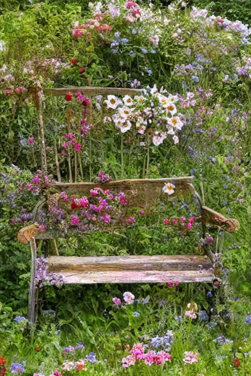 Image similar to whimsical bench in the garden of love flowers by jean - baptiste monge