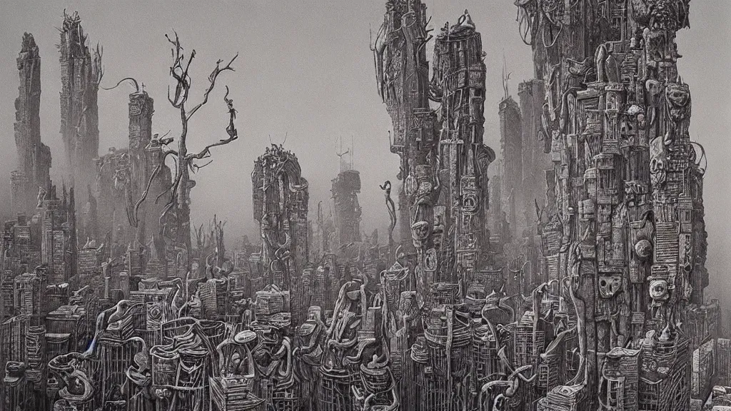 Prompt: a bustling aaahh!!! real monsters downtown, by zdzisław beksinski and james gurney