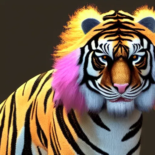 Image similar to a caspian tiger with fur of the color pink and yellow with ombre effect, detailed fur hair, unreal engine 5