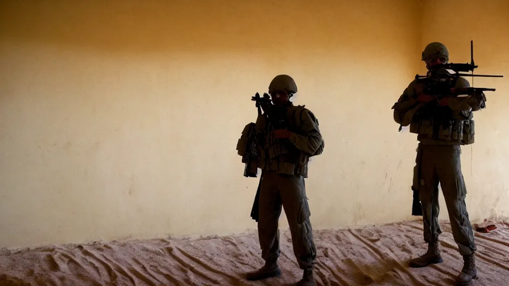 Prompt: film still of a marine soldier with a sniper rifle on his back standing in a dusty room with traditional colorful carpets on the wall in front of a sandy window. moody, grainy, 4 k, high detail, aesthetic, good composition, anatomically correct, directed by clint eastwood,