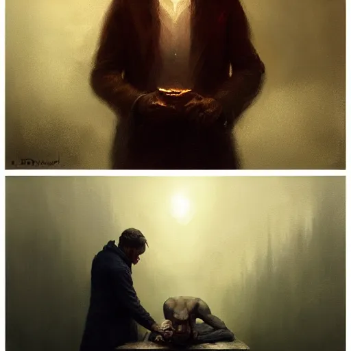 Prompt: UHD photorealistic Man signing his soul over to the devil, in the style of tonalism by Greg Rutkowski, trending on Artstation, hyperrealistic, correct details, symmetrical faces