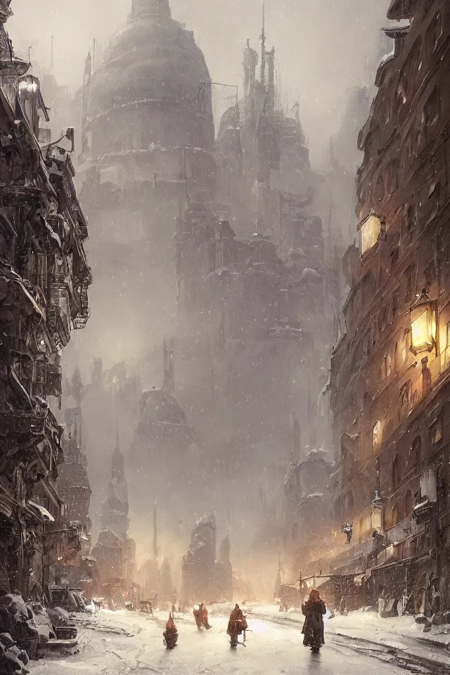 Image similar to highly detailed painting of dieselpunk stockholm, winter, snow, dystopia, by greg rutkowski, by raphael lacoste, 4 k resolution, trending on artstation