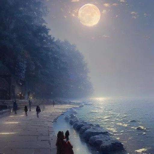 Prompt: a beautiful painting of the moon fell into the sea of blue roses by greg rutkowski and thomas kinkade, trending on artstation, - w 1 0 2 4