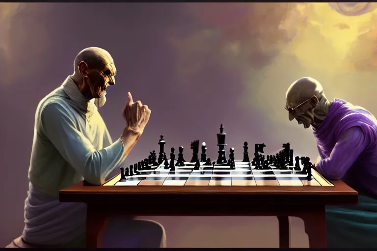 Prompt: thanos playing chess with mahatma gandhi on a marble table, extremely detailed digital painting, in the style of fenghua zhong and ruan jia and jeremy lipking and peter mohrbacher, mystical colors, rim light, beautiful lighting, 8 k, stunning scene, raytracing, octane, trending on artstation