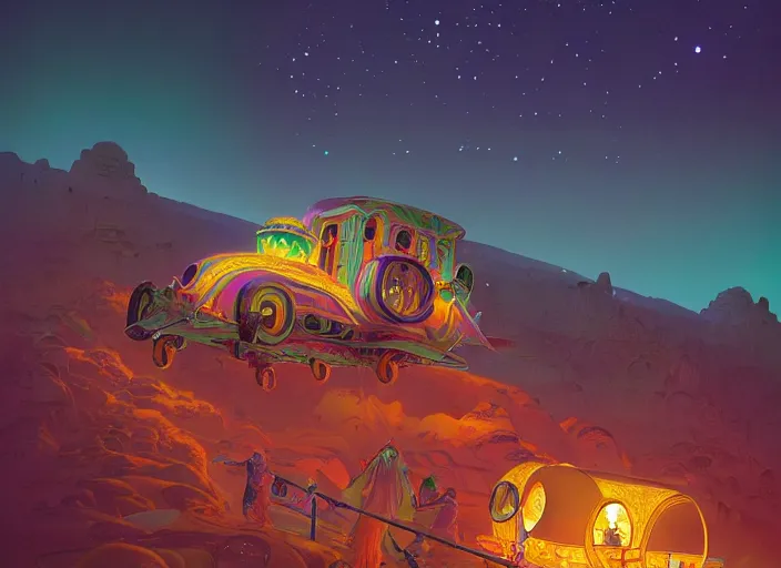 Prompt: a luminescent gypsy caravan by paolo eleuteri serpieri and tomer hanuka and chesley bonestell and daniel merriam and tomokazu matsuyama, unreal engine, high resolution render, featured on artstation, octane, 8 k, highly intricate details, vivid colors, vector illustration