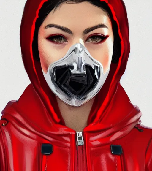 Image similar to a girl wearing a red jacket, punk mask, highly detailed, digital painting, artstation, concept art, smooth, sharp focus, illustration