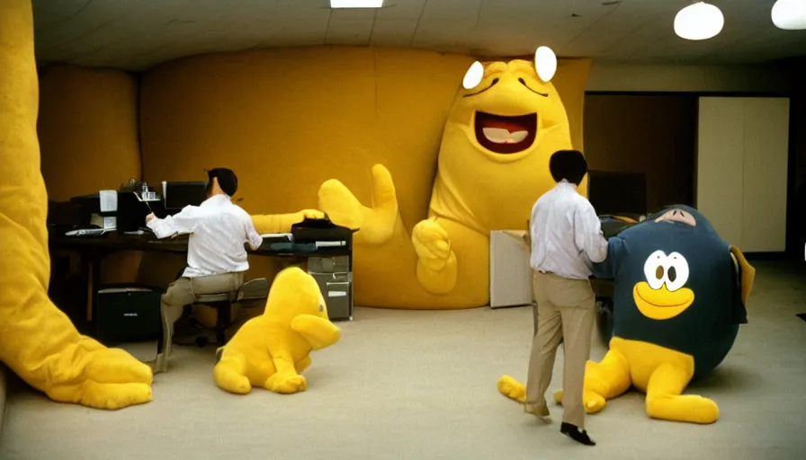 Image similar to 1990s candid 35mm photo of a beautiful day at the happy business office, cinematic lighting, cinematic look, golden hour, a man is working at his cubicle when his very large costumed Japanese mascot boss yells at him, large angry mascot face screaming at working man, man is dreaming of escaping through a tunnel in the floor, the tunnel has cinematic light beams shining out of it, UHD
