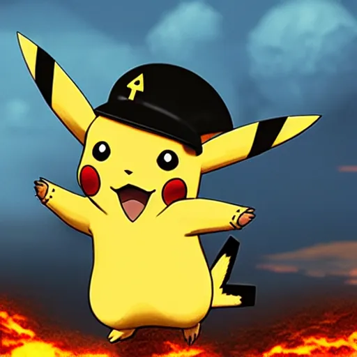 Image similar to pikachu in ww 2 uniform and a mustache, fighting in world war 2, photorealistic, high detail, sharp focus, smooth edges, dramatic, sky on fire with dogfights in the sky.