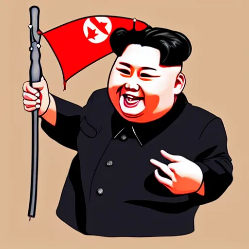 Image similar to screaming kim jong un holding a staff, wearing crown, cartoon character, digital art, fun,