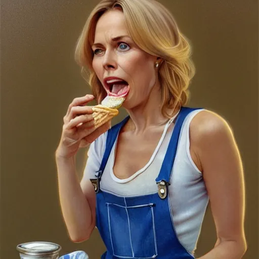 Image similar to portrait of a blonde fuller figured middle aged barbara bach from the bond film wearing blue dungarees and eating ice creams in porto, real life skin, intricate, elegant, highly detailed, artstation, concept art, smooth, sharp focus, art by artgerm and greg rutkowski and alphonse mucha