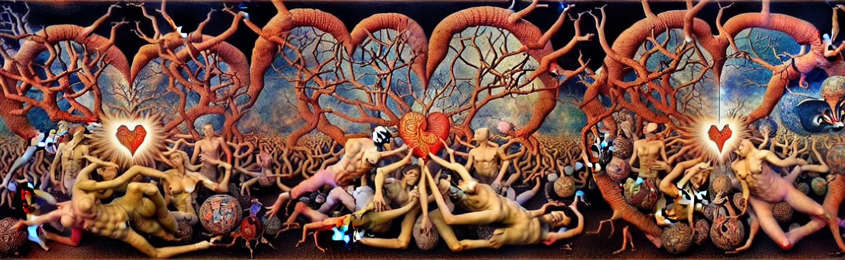 Prompt: mythical war between inner and outer forces in the visceral anatomical human heart imaginal realm of the collective unconscious, in a dark surreal mixed media oil painting by johfra, mc escher and ronny khalil, dramatic lighting from inner fire, 3 0 s cartoons by haeckel