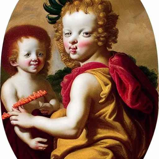 Image similar to cherubs with flaming hot cheetos for hair, extremely detailed, a baroque painting, rococo style