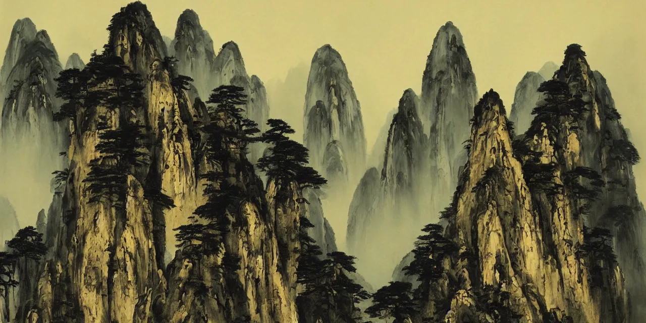 Prompt: the taoist temples of huangshan, landscape painting by peder balke