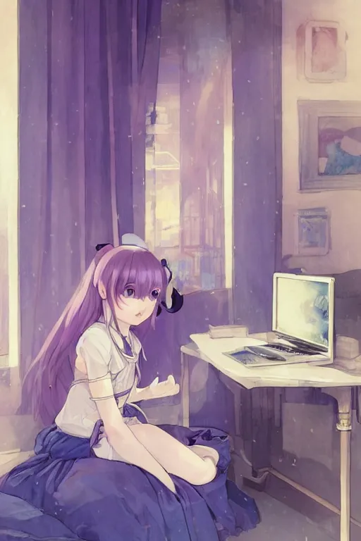 Prompt: a girl playing with a cat A comfortable study room at night,purple and blue theme,,S line,hard edges,jk uniform ,Hairdryer by mucha and krenz cushart and range murata