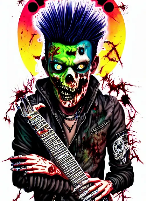 Image similar to a zombie punk rocker with a mohawk playing electric guitar, matty vogel, tristan eaton, victo ngai, artgerm, rhads, ross draws