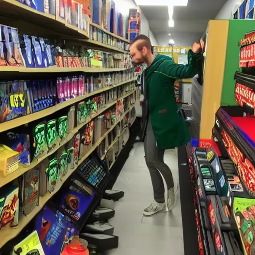 Image similar to Baldi from Baldi's Basics shopping for video games in London.