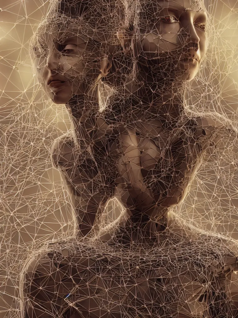 Image similar to a photo of a robotic woman covered in modular synthesizer parts surrounded by sacred geometry made from elven architecture, full body, perfect face, powerful, cinematic, beautifully lit, by peter gric, by karol bak, 3 d, octane render, 8 k