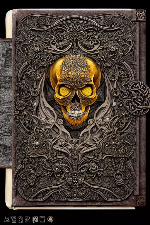 Prompt: an ancient ornate intricate old tome spell book with the kaiju head symbol of a skull emblazoned on the cover, cinematic, realistic, intricate detail, finely detailed, small details, extra detail, photorealistic, high resolution, 3D, PBR, path tracing, volumetric lighting, octane render, arnold render, 8k