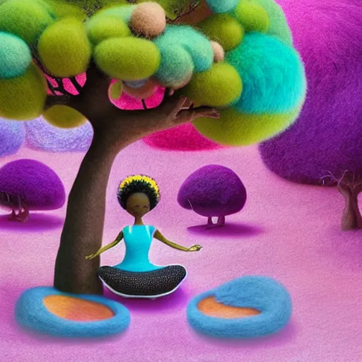 Image similar to a black girl with a colorful afro and big beautiful eyes meditating in an african zen garden with a waterfall!! and a baobab tree, bokeh!, bright colors, synthwave, watercolor, volumetric wool felting, felt, macro photography, children illustration, by goro fujita