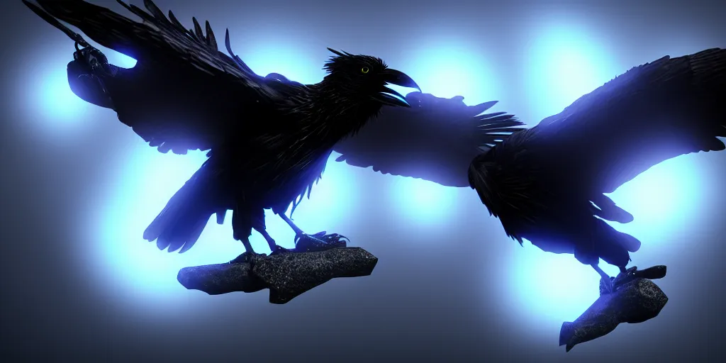 Prompt: black raven with glowing magic ring around neck stylized fantasy illustration HD, high quality, highly detailed, unreal engine, 4K quality