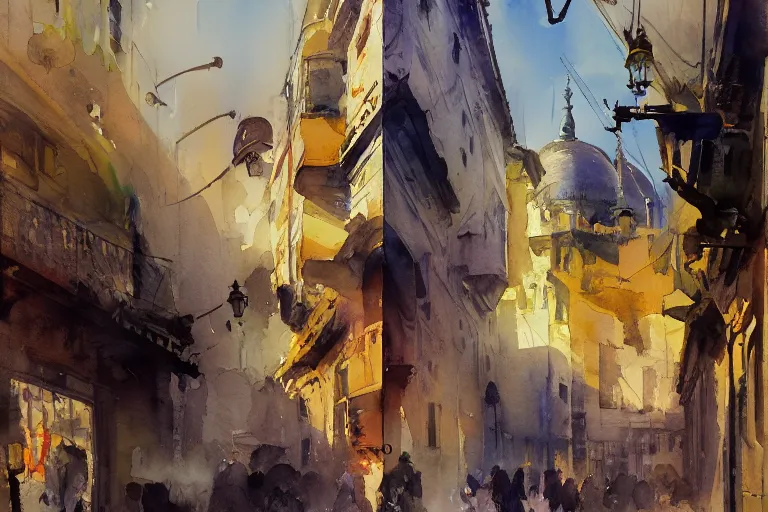 Prompt: small centered on watercolor paper, paint brush strokes, abstract watercolor painting of lisbon, cinematic light, national romanticism by hans dahl, by jesper ejsing, by anders zorn, by greg rutkowski, by greg manchess, by tyler edlin