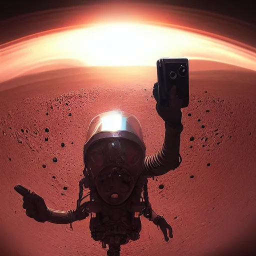 Image similar to alien taking a selfie on mars, dramatic lighting, cinematic, establishing shot, extremly high detail, photorealistic, cinematic lighting, artstation, style by James Gurney