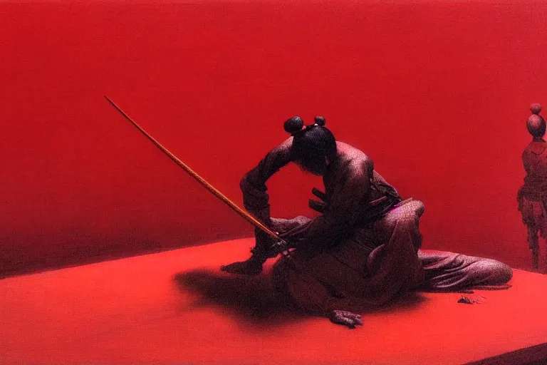 Image similar to only with red, a red samurai do seppuku, tokio, a lot of frogs watch, in the style of beksinski, parts by edward hopper, parts by rodcenko, parts by yue minjun, intricate and epic composition, red by caravaggio, insanely quality, highly detailed, masterpiece, red light, artstation, 4 k