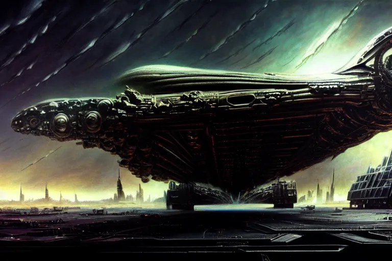 Image similar to low angle of a shiny metallic extraterrestrial war spaceship unloading its cargo in a destroyed new york city, in the style of frank frazetta and h. r. giger, ultra realistic, atmosphere, glow, detailed, intricate, cinematic lighting, trending on artstation, 4 k, hyper - realistic, immersed, extreme details, cinematic, masterpiece