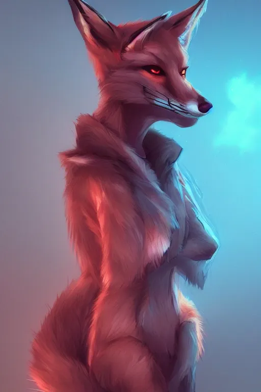 Image similar to a fox fursona, trending on artstation, by kawacy, furry art, digital art, cyberpunk, high quality, backlighting