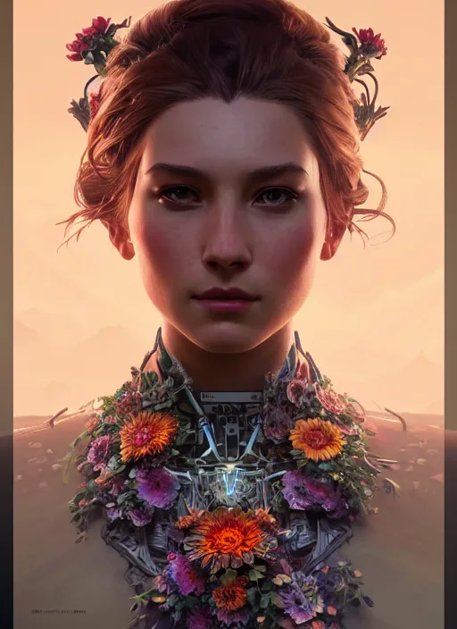 Image similar to symmetry!! portrait of floral! horizon zero dawn machine, intricate, elegant, highly detailed, digital painting, artstation, concept art, smooth, sharp focus, illustration, art by artgerm and greg rutkowski and alphonse mucha, 8 k