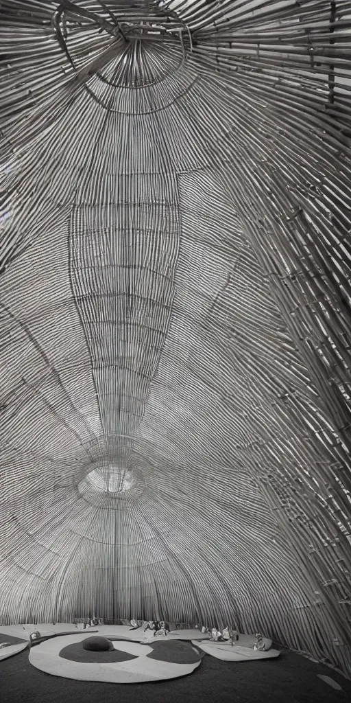 Prompt: inside small pavilion made of bamboo. complex curved vaulting structure. a large crowd at a party. architectural photography. ezra stoller, 4 k, 8 k. volumetric lighting.