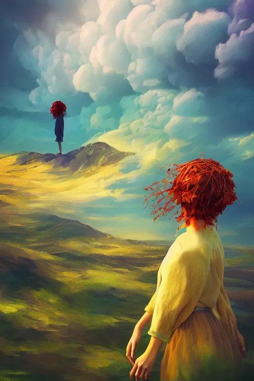 Image similar to perspective giant dahlia flower as head, girl standing on mountain, surreal photography, blue storm clouds, dramatic light, impressionist painting, digital painting, artstation, simon stalenhag