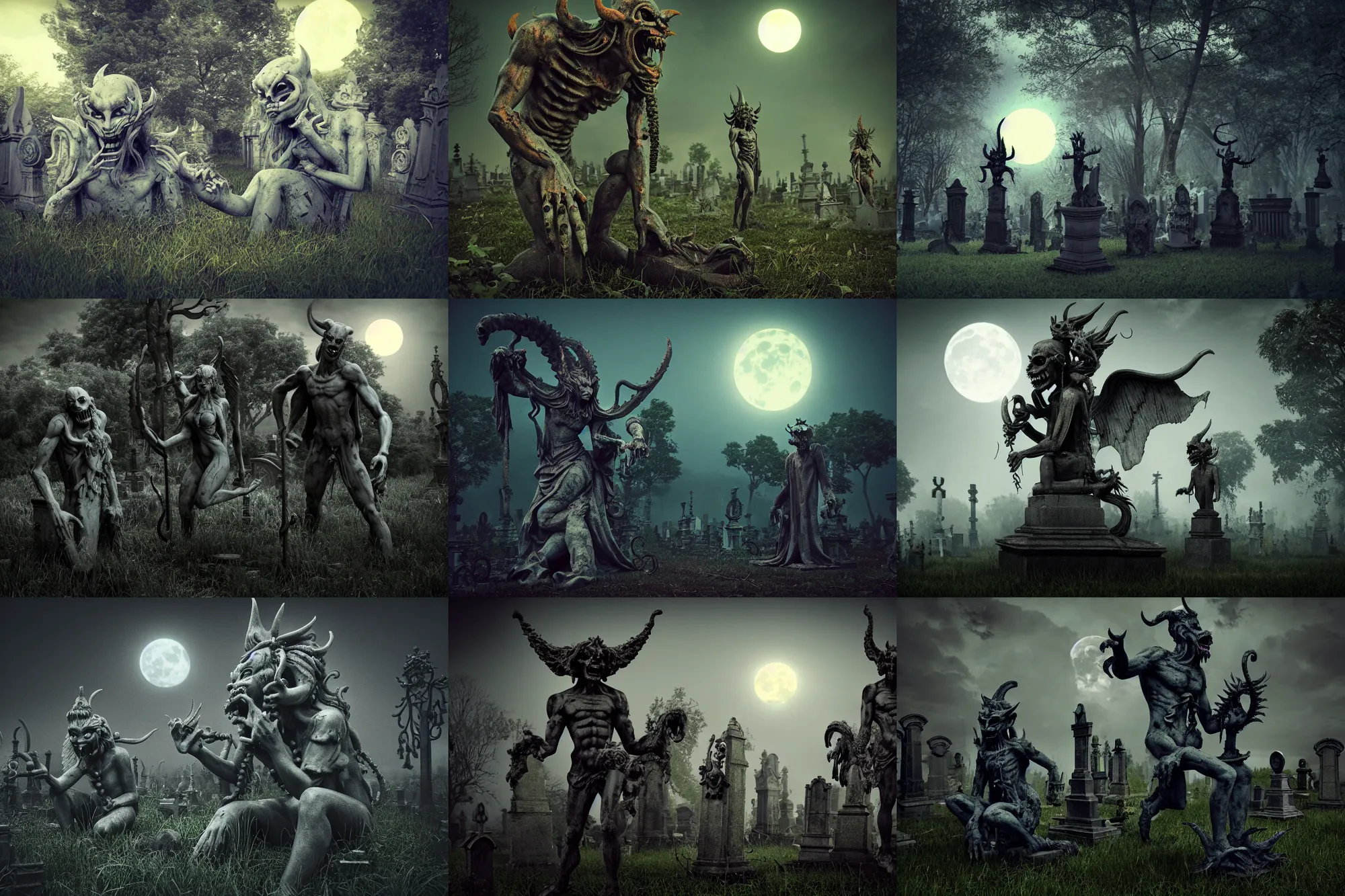 Prompt: a photograph of demon statues demon statues in an overgrown graveyard, scary creatures, cosmic horror, morbid art, sharp focus, cinematic, high angel distant shot, moonlight, hyper detailed, 4 k, octane render, deviantart,